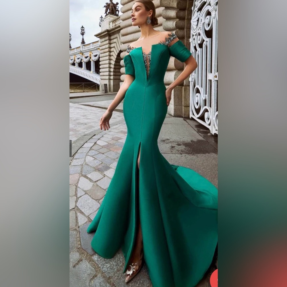 Terani Couture Green Off-Shoulder Gown with beading
